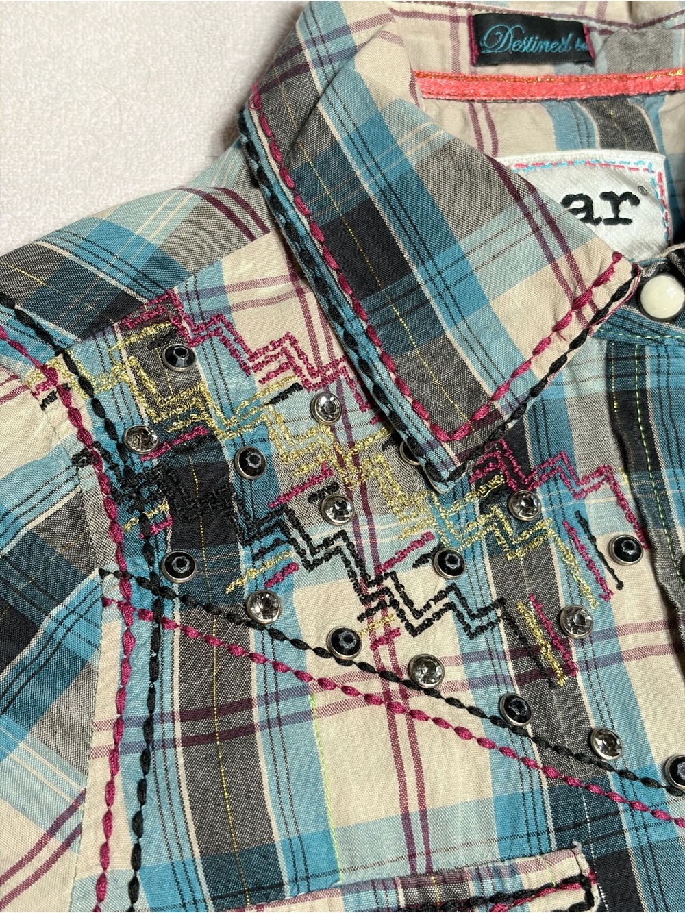 Embellished Plaid Snap-Front Western Shirt in Blue with Cream - Picture 4 of 14